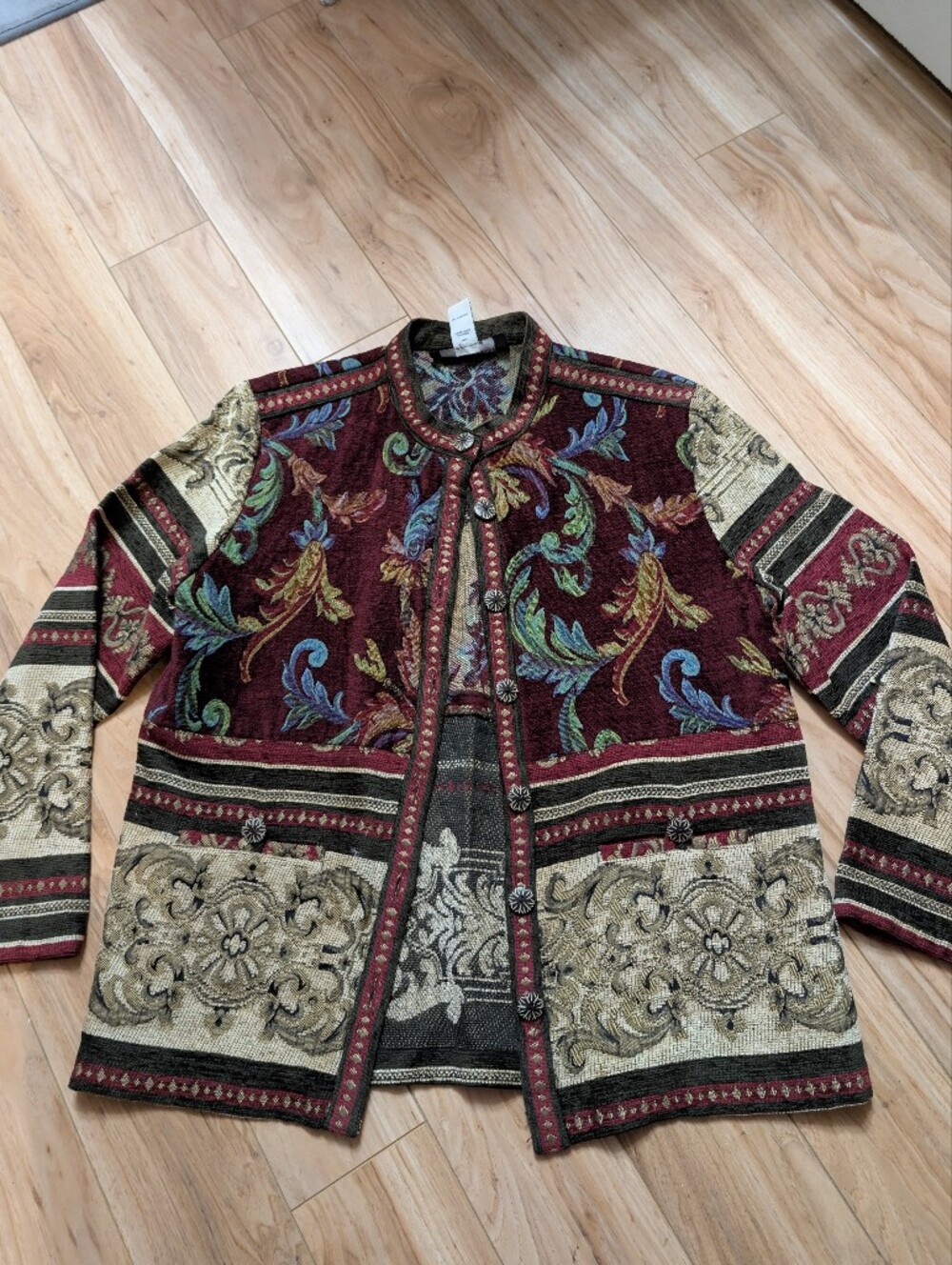 Sag Harbor Vintage Tapestry Jacket 12 Burgundy Baroque Floral Boho Statement